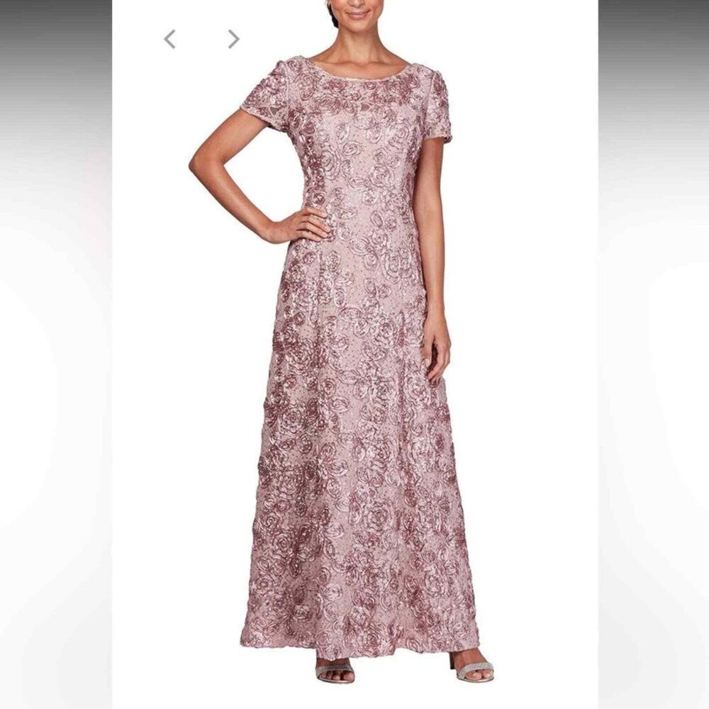 Alex Evenings Rosette A-Line Gown Sequins Short Sleeve in Rose Pink Size 18
